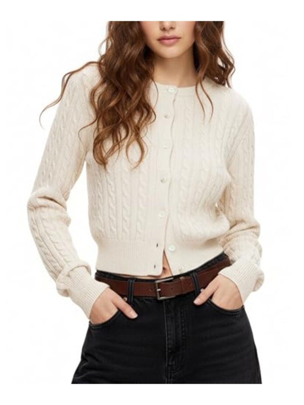 Women Cropped Cardigan Button Up Long Sleeve Cable Knit Sweater